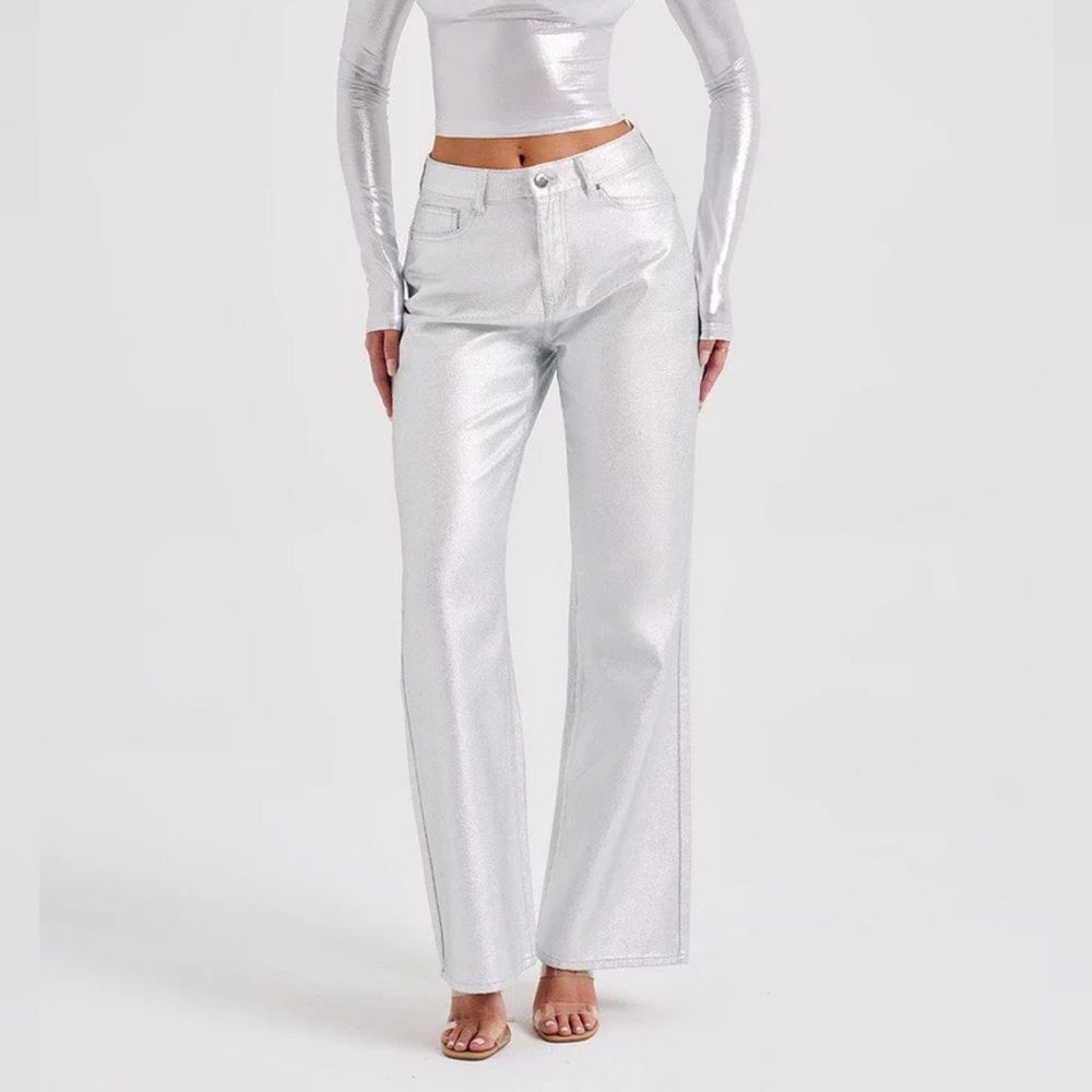 Babyboo Cassidy Straight Wide Leg Jeans Silver Metallic Shiny